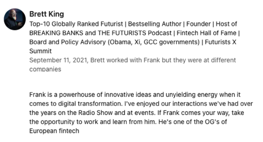 Recommendation from Brett King